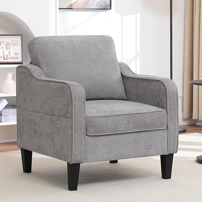 Accent Chairs Set of 2, Upholstered Living Room Chairs with Side Pockets, Mid Century Modern Reading Chair for Bedroom, Comfy Armchair Single Sofa Side Chair for Office, Small Room, Light Grey