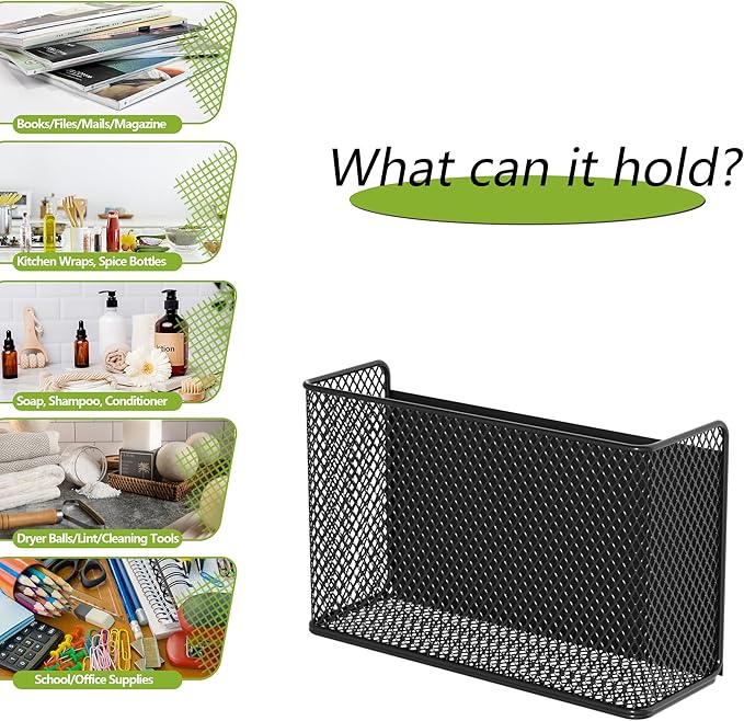 Magnetic Basket Fridge Lint Bin Dryer Ball Holder Laundry Room Organization Home Storage for Class Office School (Mesh,(1-Pack) Black/L)
