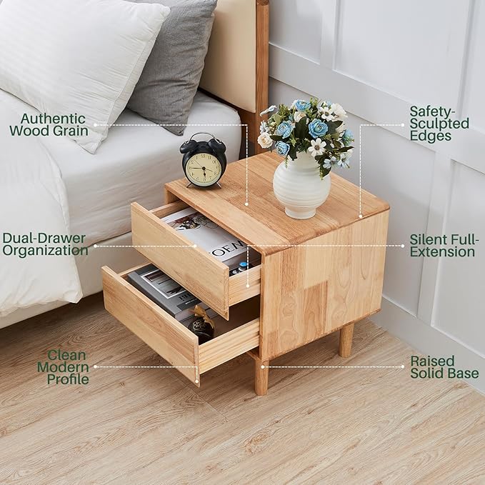 Modern Solid Wood Nightstand with Drawers - Mid Century Modern 2 Drawer Natural Wooden Small Narrow Nightstand Bedside Side End Table with Storage for Living Room Bedroom, 15.7" D x 17.1" W x 19.6" H