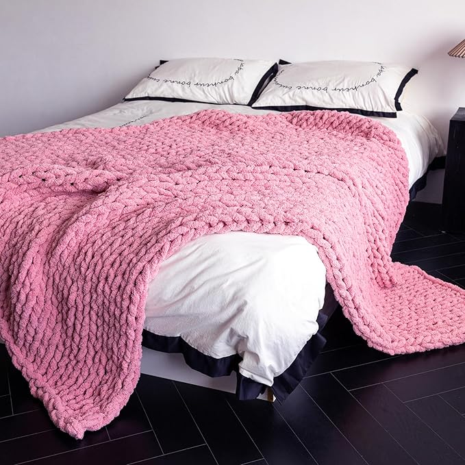 Chunky Knit Blanket - Luxury Soft Cozy 50 * 60 Throw Blanket,100% Woven Blanket Rope Knot Throw Blanket for Couch, Sofa, Home Decor, Gift - Machine Washable(Pink)