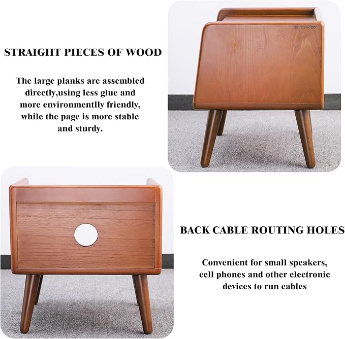 Small Bedside Table - 100% Solid Oak Wood Nightstand with Open Design - Small Side End Table for Bedroom Living Room, Easy Assembly (Walnut Color)