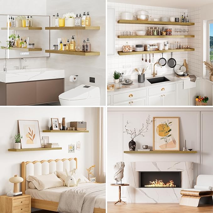 Heimlove 55 Inch Long Floating Shelves for Wall,9.3" Deep Oak Floating Shelves Set of 2,Large Display Shelf & Storage Shelf,Wall Mounted Shelves for Bedroom Living Room Kitchen Office