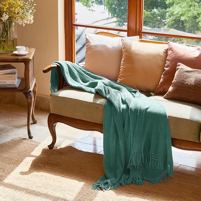 lifein Throw Blanket for Couch, Soft Boho Decor Bed Throw,Cozy Blue Chenille Knitted Small Farmhouse Lightweight Throw for Spring(Aqua,50 * 60")