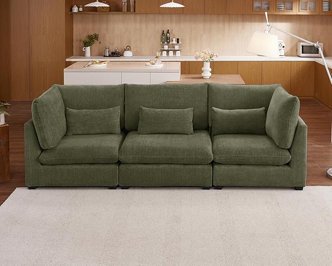 Oversized Modular Sofa, Extra Deep Cloud Chenille Sectional Couch with Ottoman Chaise, Fluffy Chenille 3 Seater Sofa for Living Room, Villa (Basic 3 Seater, Chenille Green)