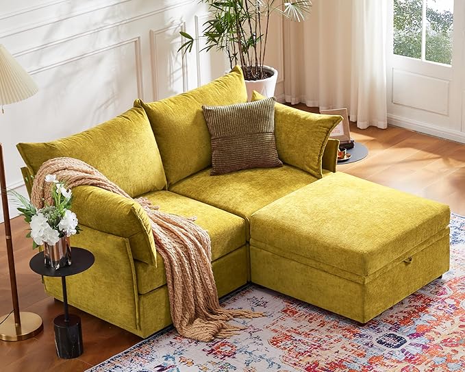 Oversized Loveseat Sofa, Modern Modular Sectional Couch Yellow Fluffy Chenille Mid Century 2-Seat 24.5" Deep Seat for Apartment, Living Room, Bedroom