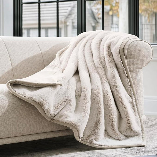 Ultra Soft Luxury Fluffy Mink Faux Fur Throw Blanket, Thick Warm Fall Winter Blankets for Bed, Couch, Cozy Plush Reversible Blanket for Chair, Sofa (Tipped Champagne Ivory, 50"x60")