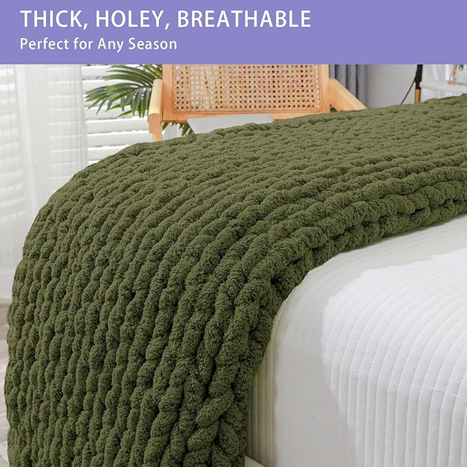 Bigacogo Chunky Knit Throw Blanket for Couch, 40x40 inches, 100% Hand Knitted with Thick Jumbo Chenille Yarn, Cozy Soft Large Rope Knot Cable Crochet Blankets for Sofa Bed Living Room, Yellow Green