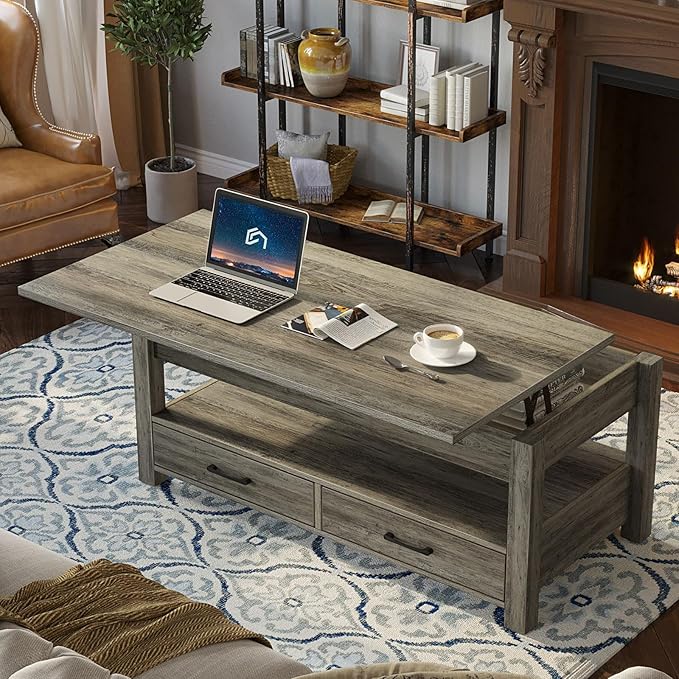Rolanstar Coffee Table, 47.2" Lift Top Coffee Table with Drawers and Hidden Compartment, Retro Central Table with Wooden Lift Tabletop, for Living Room, Washed Oak