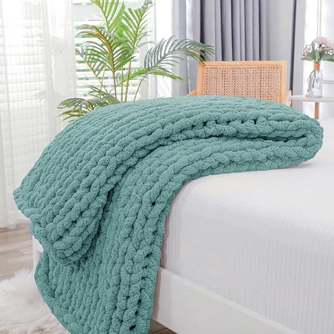 Bigacogo Chunky Knit Throw Blanket for Couch, 40x60 inches, 100% Hand Knitted with Thick Jumbo Chenille Yarn, Cozy Soft Large Rope Knot Cable Crochet Blankets for Sofa Bed Living Room, Light Teal