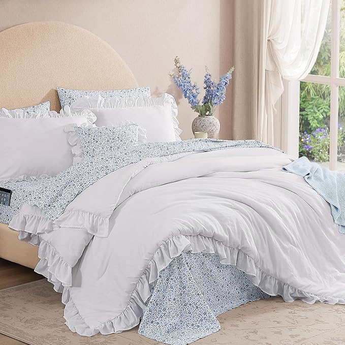 Twin XL Comforter Set - 5 Pieces Ruffle White Bedding Sets, Shabby Chic Farmhouse Bed in a Bag Twin XL with Ruffle Comforter, Floral Sheets, Pillowcases & Shams