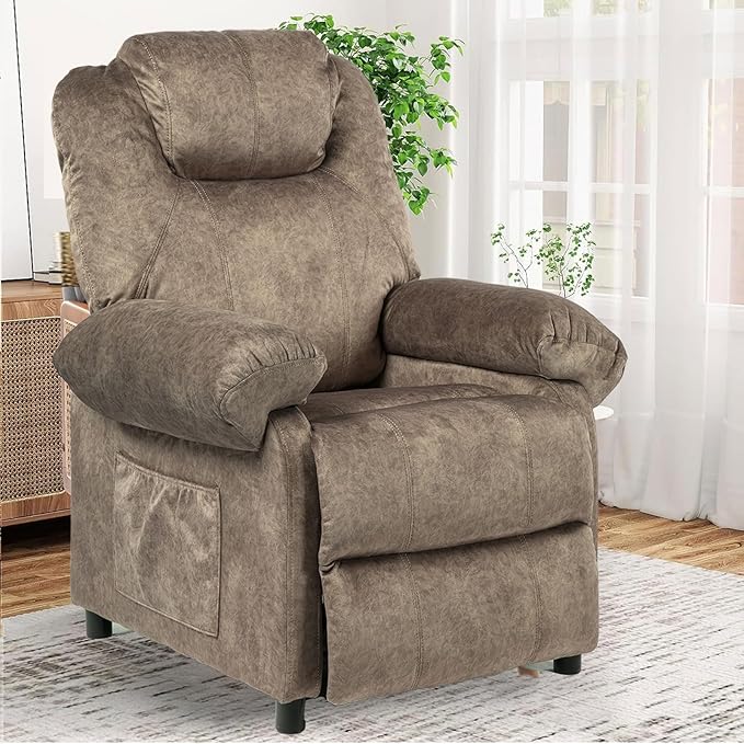 KCREAM Massage Recliner Chair with Heat,Overstuffed Fabric Recliner Chairs with Heating,Small Recliner for Living Room Bedroom, Manual Reclining Single Sofa Recliners Lounge Chair for Adult,Brown