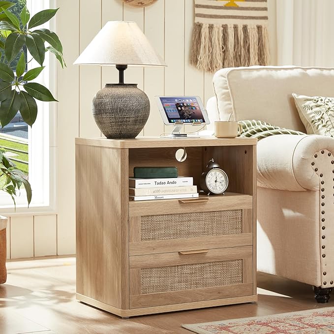 LEYAOYAO Boho Rattan Coffee Table and End Table Sets, 48" Wide Center Tables & 23" Night Stand with Charging Station Chest of Drawers, Natural Wood Coffee Table for Living Room 3 Piece Set