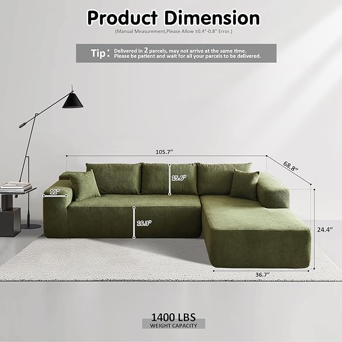 ovios 104" Cloud Sectional Couch with L-Shape Chaise,Modern Modular Sofa with Deep Seat, Upholstered Couches for Living Room Bedroom,No Assembly Required, Green (Cloud Velvet)