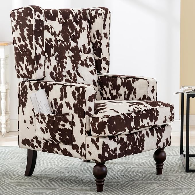 Mid-Century Accent Chair, Upholstered Arm Chair Linen Fabric Side Chair with High Back Solid Wooden Legs, Comfy Reading Chair for Living Room Bedroom, Milk Cow