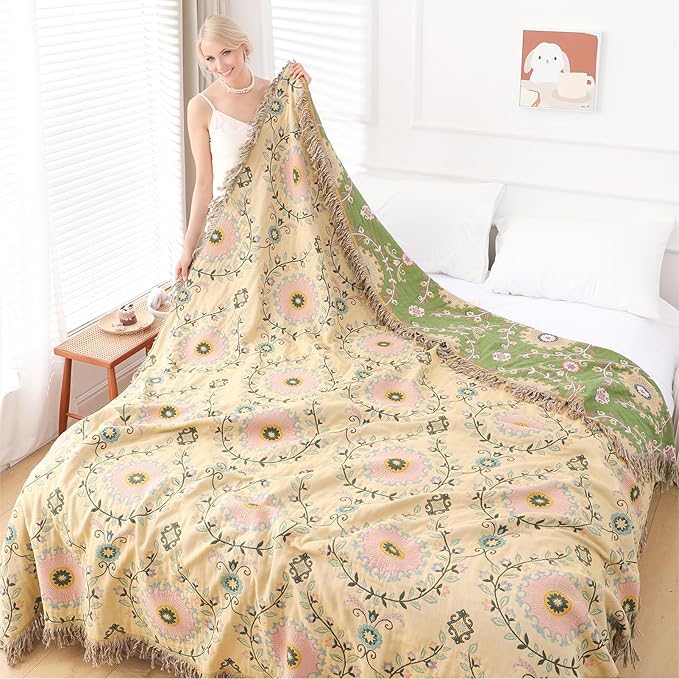 Snycler Boho Throw Blanket 60"x80" - 100% Cotton Ultra Soft Rustic Quilt, Green Floral Printed Farmhouse Decor for Bed, Sofa, Couch, Chair - All Season Cozy Blanket
