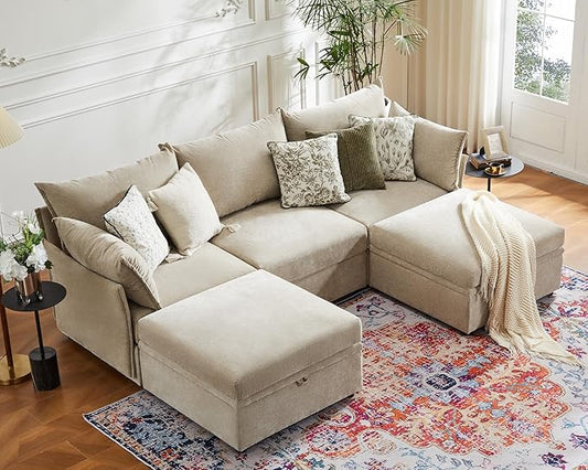 102.6" U Shaped Modular Sectional Sofa, 5 Seater Couch with Storage Ottoman Deep Seat and High Backrest with Removable Cover for Living Room, Apartment - Chenille Beige