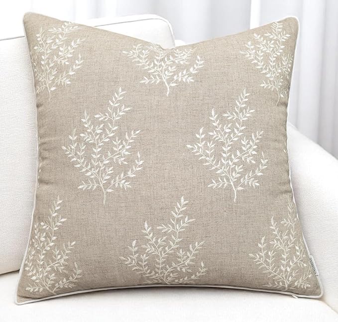 VAGMINE Embroidered Leaves Throw Pillow Cover - 20x20 Inches Square - 100% Linen Natural Throw Pillowcase - Elegant Neutral Leaf Design - Minimalist Rustic Home Accent for Sofa, Bed, Couch, Lounge
