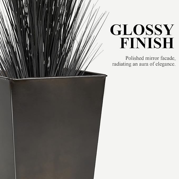 WORTH Garden 25" Large Metal Glazed Planter Set of 2, Luxurious Glossy Finish Black Tall Square Tapered Steel Plant Pots, Decor Flower Pot Indoor & Outdoor, Drainage Hole & Dual-Purpose Plant Saucer