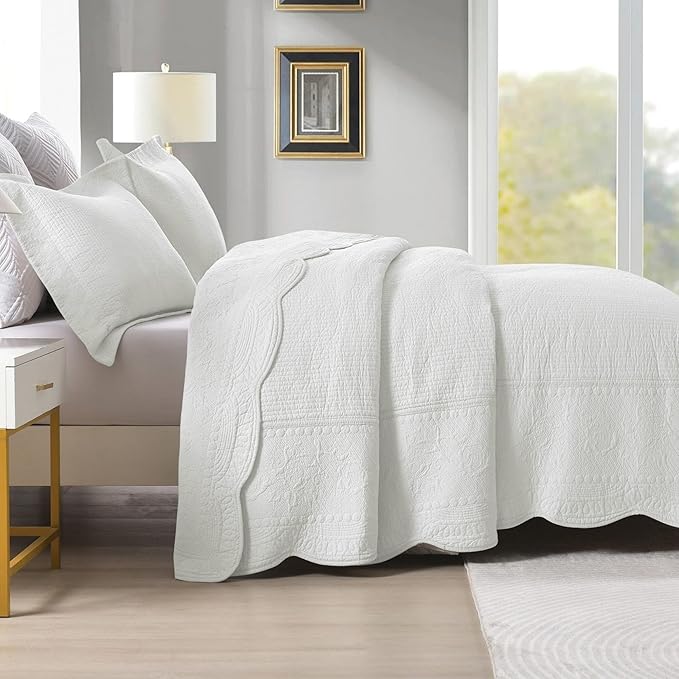 MarCielo 3-Piece 100% Cotton Oversized Bedspread Lightweight Quilt Coverlet Embroidery Farmhouse Bedding Set (TG Bright White, Oversized King (118"x106"))
