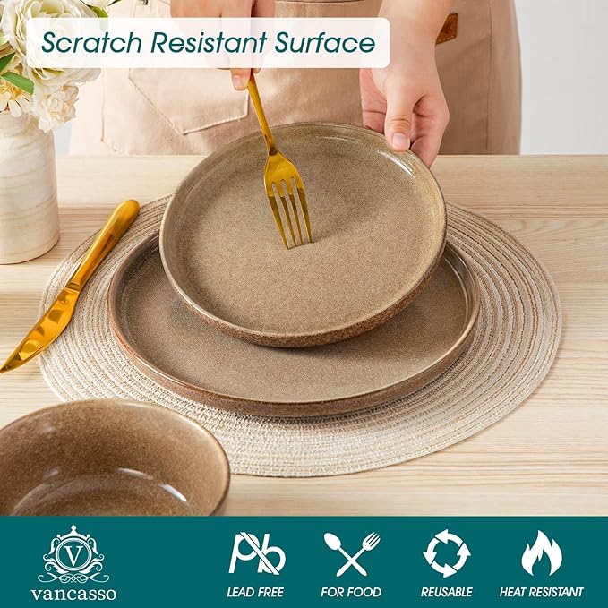 vancasso ANYA 18 Pieces Plates and Bowls Set, Caramel Dinnerware Sets, Reactive Glaze Dishes Set for 6, Ceramic Dishware Sets Kitchen Dinner Set, Microwave & Dishwasher Safe