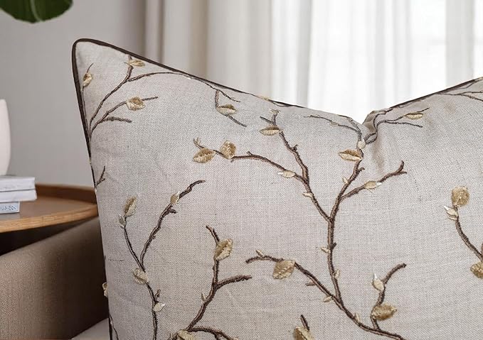VAGMINE Embroidered Pussy Willow Throw Pillow Cover - 18x18 Inches Square - 100% Linen Natural Decorative Cushion Cover - Floral Embroidery - Cozy Farmhouse & Boho Accent for Sofa, Couch, Bedroom