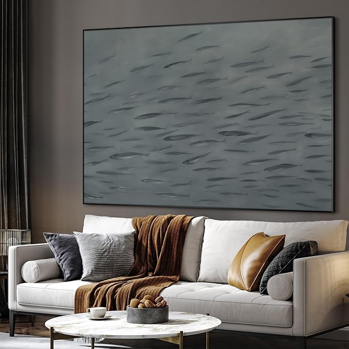 SIGNWIN 46"x60" Extra Large Framed Wall Art Gray School of Fish Minimalist Ocean-Inspired Marine Life Illustration for Home Living Room Bedroom Decor (Frame Assembly Required)