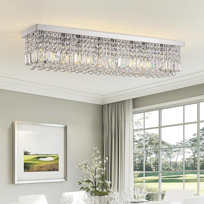 Modern Crystal Chandelier, 8-Lights Rectangle Chandelier Rectangular Flush Mount Pendant Ceiling Light Fixture K9 Crystal Raindrop Chandeliers for Dining Living Room Kitchen Island πππ ππ§ππ‘