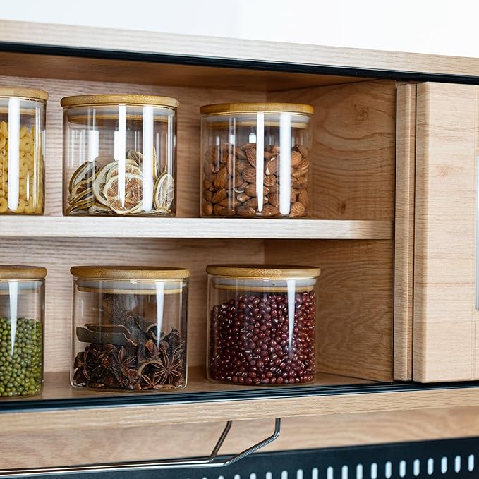 22oz Airtight Square Spice Containers with Bamboo Lid Set of 6 (650ml) Kitchen Pantry Organization Jar Stackable Spice Jar, for Sugar, Tea, Cookies and Coffee beans (with Black Lable)