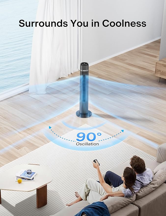 PELONIS 40 inch Bladeless Tower Fan for Bedroom, Standing Fan with Remote Control, 26ft/s, 90Β° Oscillation, 3 Speed Settings, 27 Db, 3 Modes, 15-Hour Timer, LED Display, Fan that Blows Cold Air, Grey