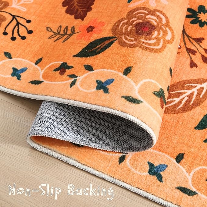 Living Room Rug 5x7 Rug Machine Washable Boho Area Rug Non Slip Floral Vintage Low Pile Large Rugs for Living Room, Bedroom, Farmhouse, Dining Room, Kids Playroom(Yellow)