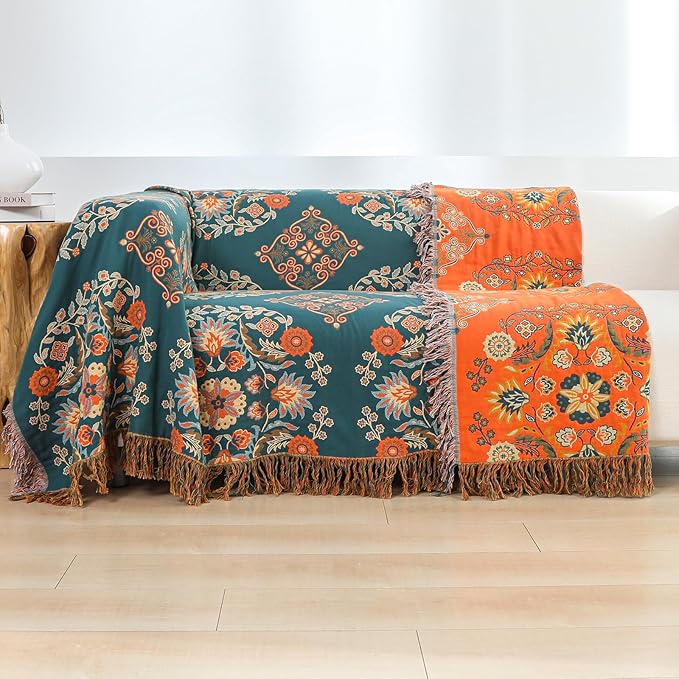 Throw Blanket for Couch Bed Chair,100% Cotton Soft Lightweight Blanket Rustic Quilt -Orange Floral Printed Farmhouse Decor Bed All Season Blankets,80"×90"