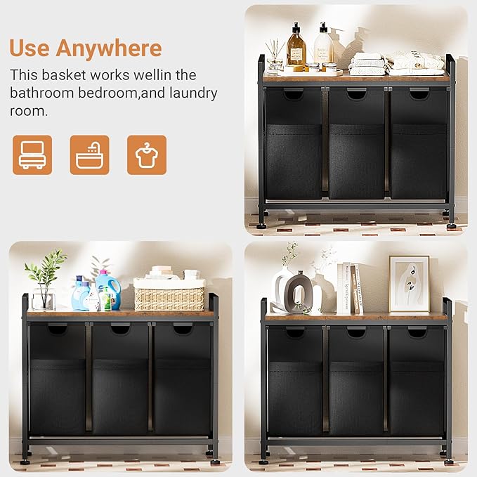 Lulive Laundry Hamper, Laundry Basket Organizer with 3 Pull-Out Removable Bags & Large Top Shelf, 3 × 12.5 Gal (142L) Freestanding Laundry Sorter 3 Sections for Laundry Room, Bathroom and Dorm