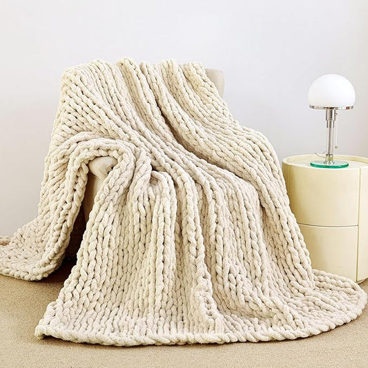 Admitrack Chunky Knit Blanket Throw 51"x63", 100% Hand Knit Chenille Throw Blanket for Sofa & Home Decor, Soft and Cozy Knitted Throw Blankets (Ivory,51"x63")