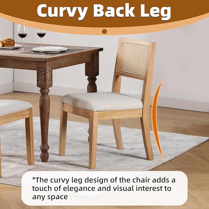 Westice Rattan Dining Chairs Set of 2, Farmhouse Natural Dining Room Chairs with Upholstered Cushion, Wood Armless Chairs for Kitchen/Restaurant