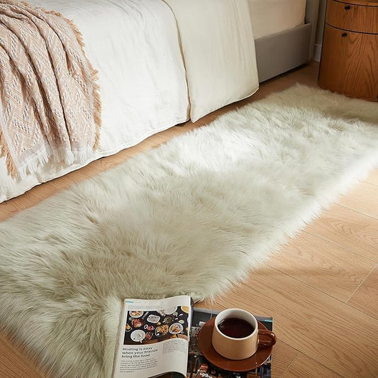 AMTOVO Faux Fur Rug, Light Grey Ultra Soft Fluffy Shag Sheepskin Rug, 2 x 6 ft Runner Area Rugs for Bedroom Sofa Throw Cushion Room Decor, Rectangle