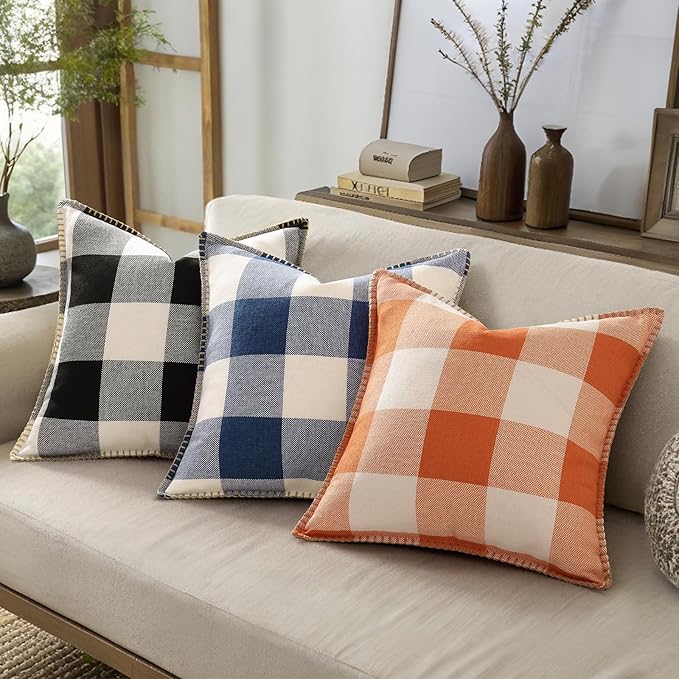 decorUhome Fall Orange and White Decorative Throw Pillow Covers 12x20 Set of 2, Lumbar Buffalo Plaid Check Farmhouse Cushion Covers with Stitched Edge for Autumn Harvest Couch Sofa Bed Home Decor