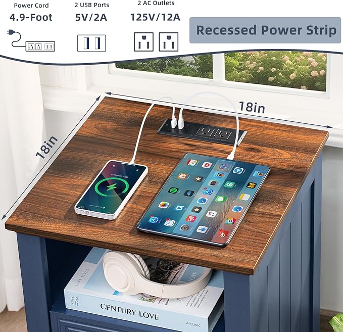 18" Farmhouse Night Stand with Charging Station, 2 Drawers End Table Dresser for Bedroom, Blue Wooden Nightstand, Bed Side Table with Open Shelf, Bedside Cabinet for Living Room, Closet