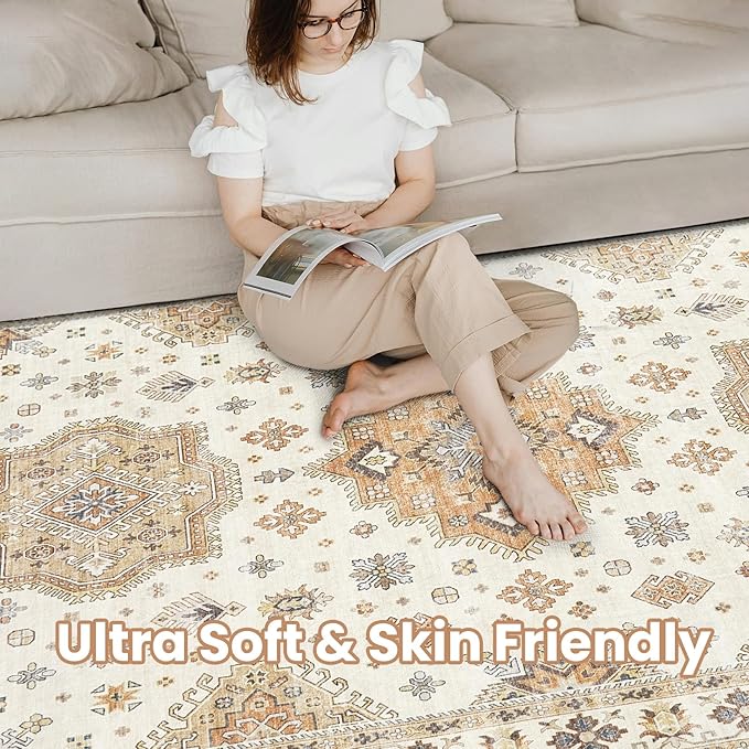 Washable Area Rugs for Living Room - 7x9 Neutral Vintage Distressed Floral Farmhouse Boho Large Soft Floor Rug Indoor Non Slip Carpet for Living Room Bedroom Dining Room Office - Orange/Yellow/Beige