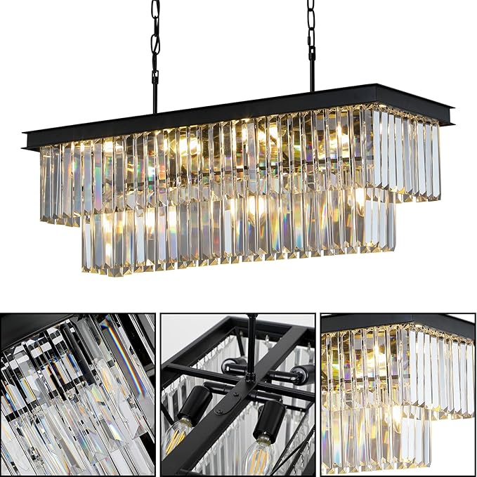 Crystal Chandeliers for Dining Room 11-Light Black Modern Chandelier Rectangle Contemporary Pendant Light Fixture for Kitchen Island Bar L33.5 Inch