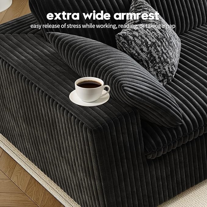 118" Cloud Couch Modular Sectional Sofa for Living Room,Modern Sofa with Deep Seat,L-Shape Boneless Couch with Ottoman,Comfy Upholstered Corduroy Couches for Apartment, Studio, Office,Bedroom,Black