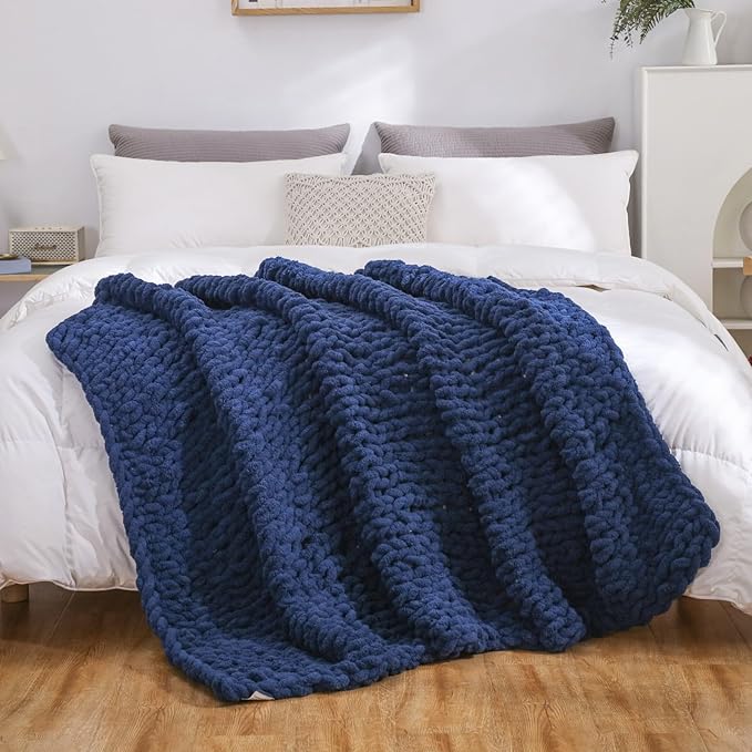 WESHIONGOO Chunky Knit Blanket Throw 50"×60" Knitted Throw Blankets for Couch Bed Fluffy Soft Blanket with Jumbo Chenille Yarn Thick 100% Handmade (Navy Blue)