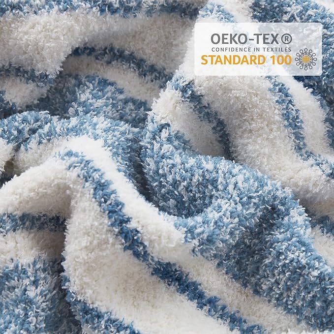 Snuggle Sac Queen Size Bedding Blankets, Oversized Bed Blankets Super Soft Warm Cozy Knit Fuzzy Blankets for Bed, Bedroom, Stripe Blue, 90"x90"