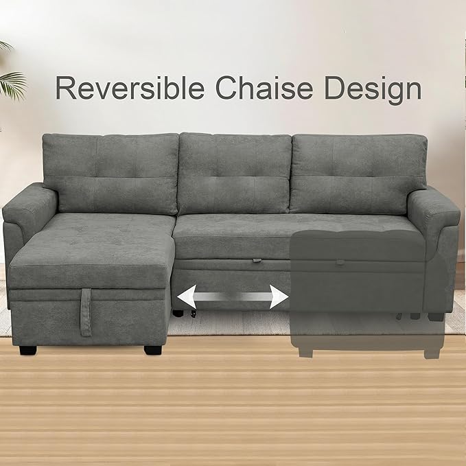 Naomi Home Transform Any Space: Sleeper Sectional Sofa with Convertible Sofa Bed & Inviting Chaise. Find Tranquil Comfort with Stress-Relieving Design & Durable Cushions - Gray/Velvet