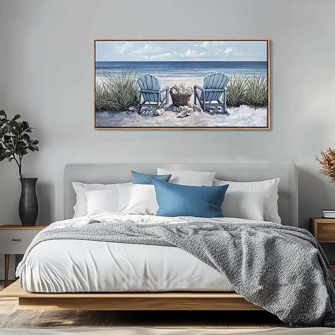 HGUAOA Coastal Wall Art - Large Landscape Wall Pictures for Living Room, Bedroom Pictures, Ocean Beach Artwork, Blue Wall Art, Above Bed Decor, Coastal Landscape Wall Decor,Framed Beach Pinting