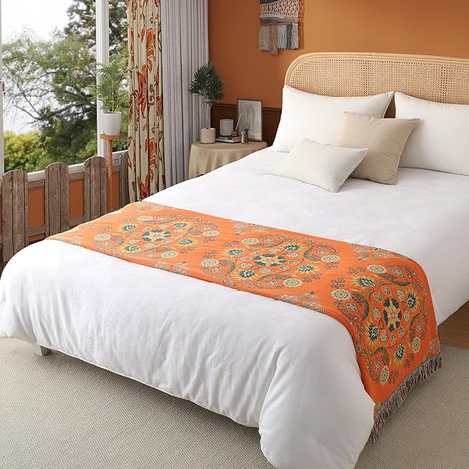 Boho Throw Blanket Twin Size, Soft Cozy Cotton Muslin Quilt Blanket for Bed Decor, Floral Patterned Couch Sofa Chair Cover, Vintage Farmhouse Cottage Tapestry Woven Blanket, Orange&Green