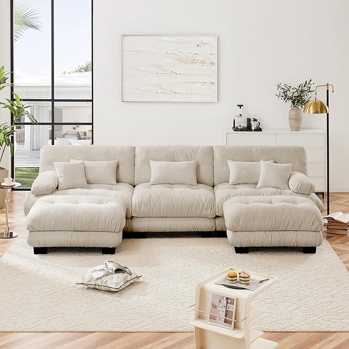 U Shaped Couch Sectional Couch, 3-Seater Cloud Couch Sectional Oversized Couch, Sofa Bed Couch with Round Bolster Armrests 5 Pillows, Modular Couch Home Sofa Living Room Couch
