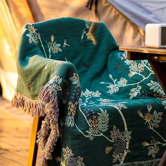 Snycler Boho Throw Blanket for Bed - 100% Cotton Ultra Soft Rustic Quilt Green Hummingbird Printed Farmhouse Decor Bed Blankets,60"ร80" All Season Rustic Throw for Sofa Couch Chair