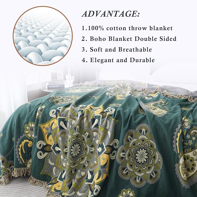 Snycler Boho Throw Blanket for Bed - 100% Cotton Ultra Soft Rustic Quilt - Green Boho Floral Printed Farmhouse Decor Bed Blankets, 60"×80" All Season Rustic Throw for Sofa Couch Chair