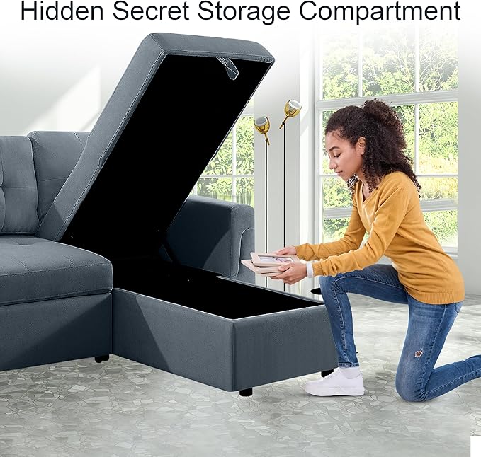 Naomi Home Transform Any Space: Sleeper Sectional Sofa with Convertible Sofa Bed & Inviting Chaise. Find Tranquil Comfort with Stress-Relieving Design & Durable Cushions - Dark Gray/Velvet