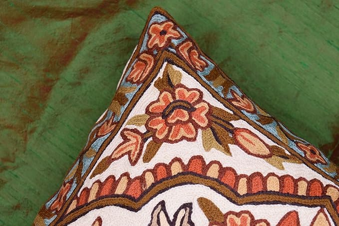 Tree of Life Pillow Cover - Gold Birds & Floral Suzani Cushions - Designer Flower Pillows - Modern Hand Embroidered Wool - Size 18x18